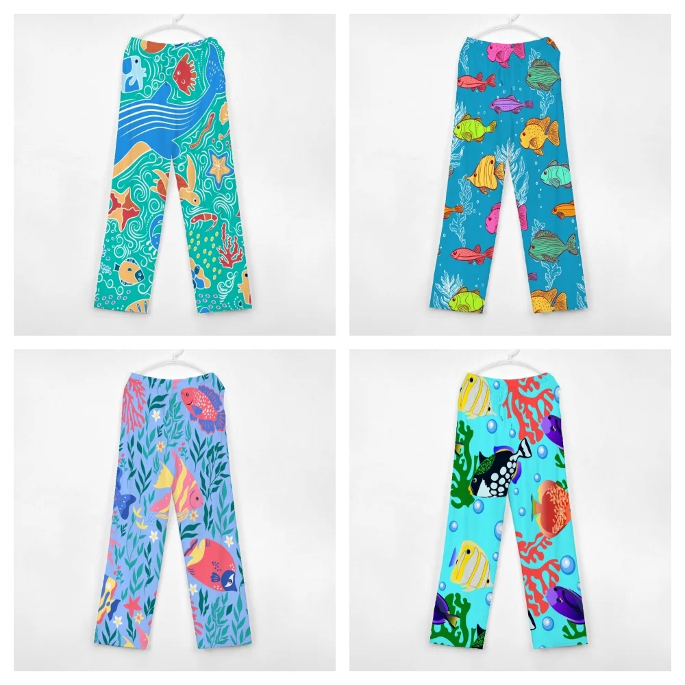 Unisex peixe tropical padrão pijama calças, calças lounge dos homens, cordão bolsos das mulheres, fundo do sono, super macio