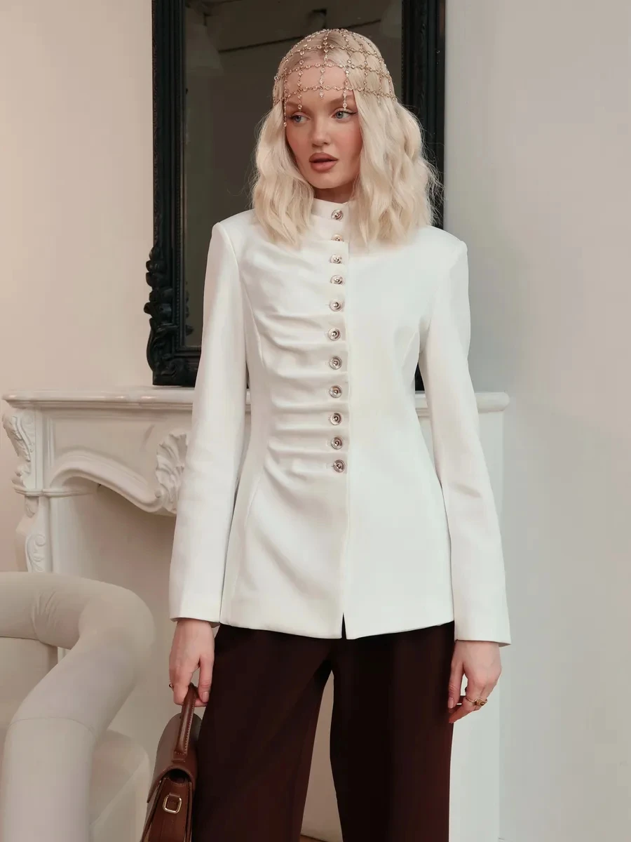 DFDG Women 2026 Spring Autumn Mandarin Collar Blazer Ruched Front Multi Row Buttons Long Sleeve Fit Formal Office Outerwear Coat