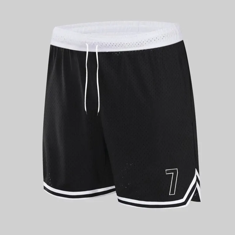 Summer Men\'s Casual Shorts Black White Stitching 7 Printed Basketball Pants Fitness Sports Street Ball Daily Jogging Sweatpants