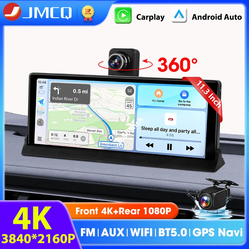 

11.3" Upgrade 4K Dash Cam Wireless CarPlay & Android Auto GPS Navigation Night Vision Car DVR Dashboard Video Recorder FM AUX