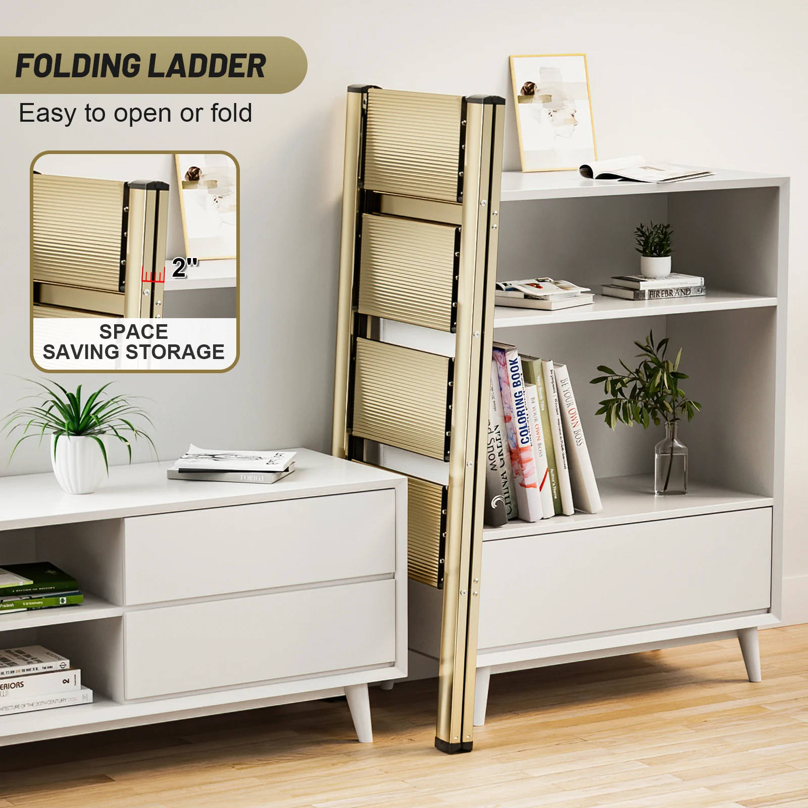 Ladnamy Champagne 4 Step Foldable Miter Ladder Household Small Ladder Thickened Aluminum Alloy Stairs Stool