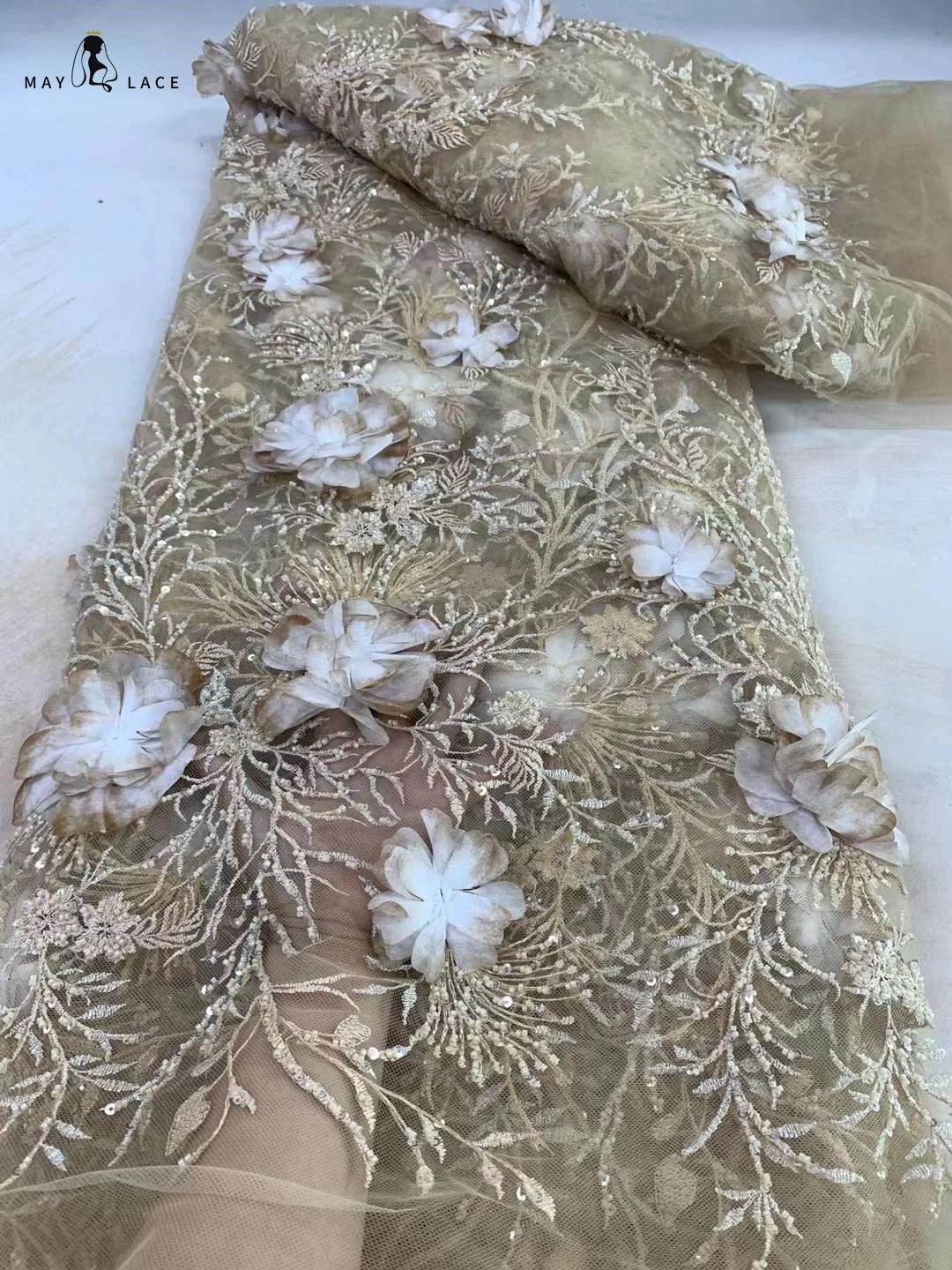 2024 Luxury Pink African Lace Fabric High Quality Groom Embroidered 3D Flower Sequins Tulle Lace For Sewing Wedding Party Dress