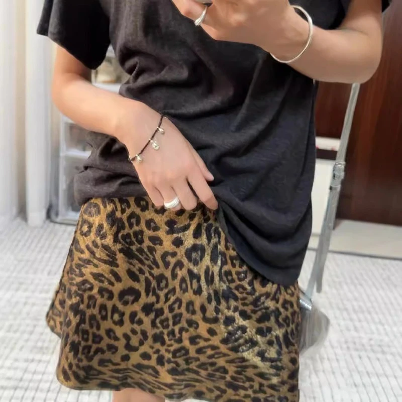 2025 Summer Sexy Slimming Elastic Skirt Gold Foil Leopard Print A-line Chic Women Skirt Flounced Edge Elegant Midi Ladies Skirt