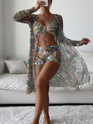 Bikini estampado de cintura alta para mujer, traje de baño Sexy de 3 piezas, ropa de playa de verano, 2024