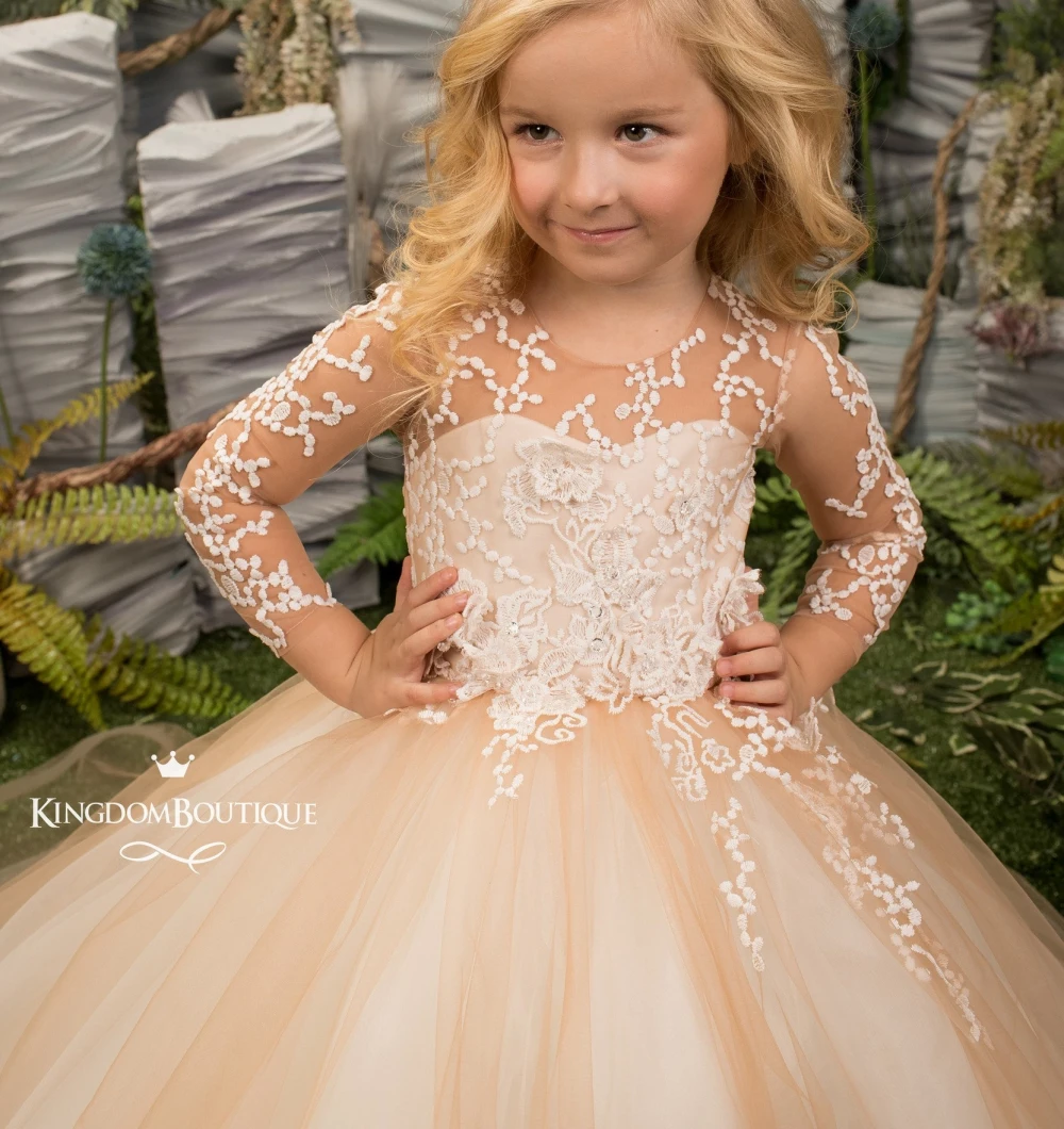 Lorencia  Champagne Toddler Girl Dress Flowers for Kids Long Sleeve Lace Tulle Applique Kids Pageant Gown First Communion YFD012