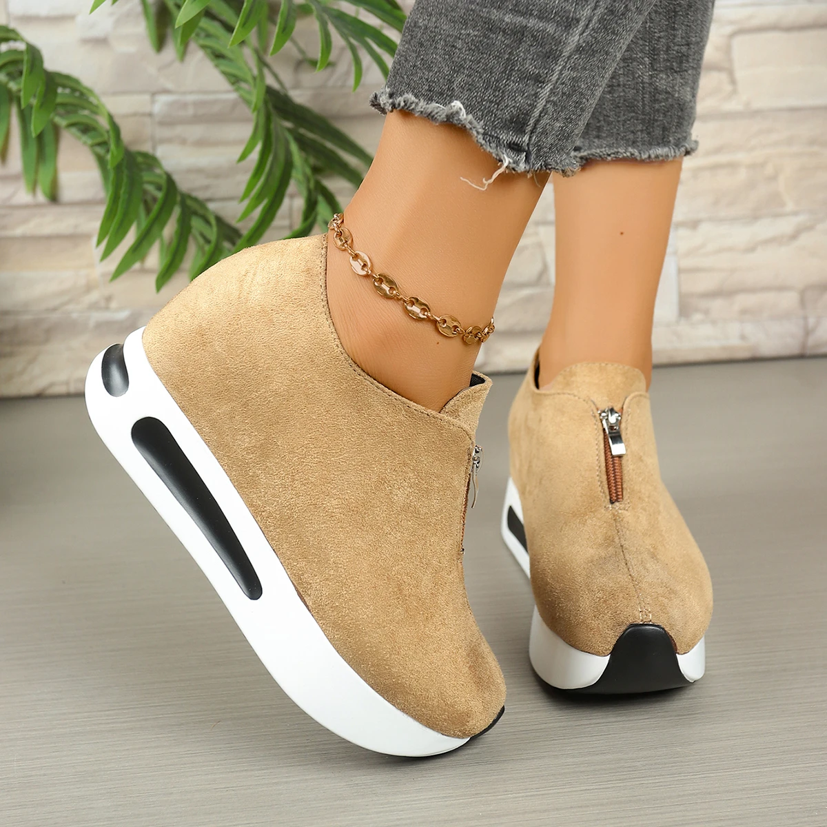 Damen-Sneaker mit Frontreißverschluss und verstecktem Keilabsatz, Wildleder-Plattform, höhenvergrößernde Freizeitschuhe, Damen-Slipper mit dicker Sohle zum Gehen. – Detail 14