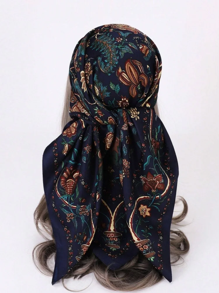 Fashion Luxury Printing 90*90CM Women Scarf Muslim Hijab Satin Twill Square Big Shawl Wrap Headscarf Neck Tie Bandana