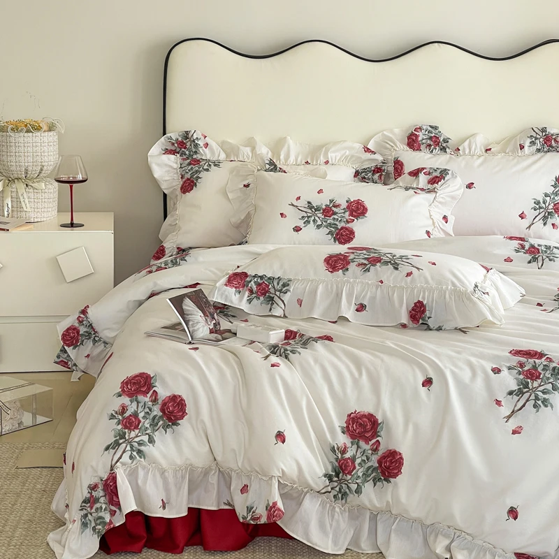 White Princess Bedding Set, 100% Cotton, Red Rose Flowers Print, Ruffles Duvet Cover,Bedskirt Sheet, Pillowcases, Home Textile