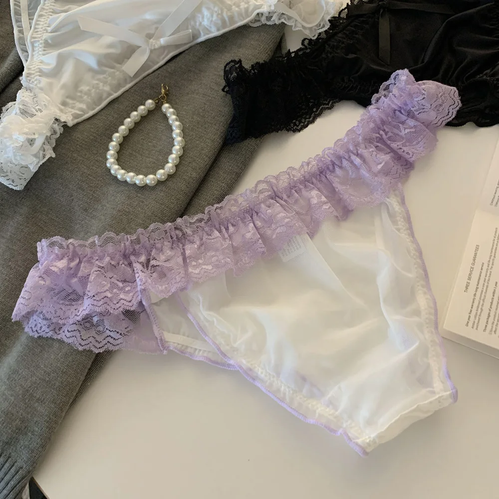 Dámské kalhotky s krajkou a volánky, sexy saténové spodní prádlo, dámské síťované duté kalhotky s nízkým pasem, prodyšné kalhotky s dlouhým rukávem, spodní prádlo - náhled 2