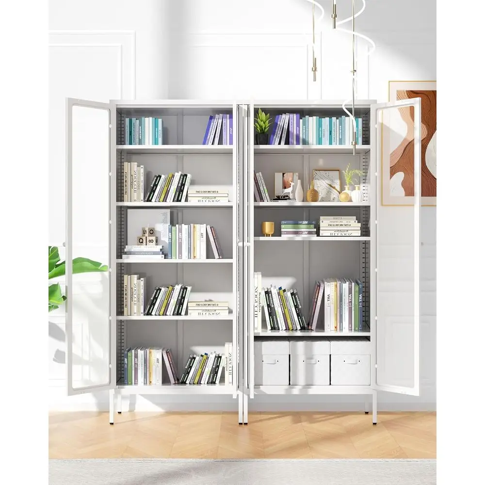 خزانة تحف زجاجية حديثة طويلة مع بابين و4 أرفف، وخزانة كتب للتخزين للمكتب المنزلي وغرفة المعيشة والمدخل