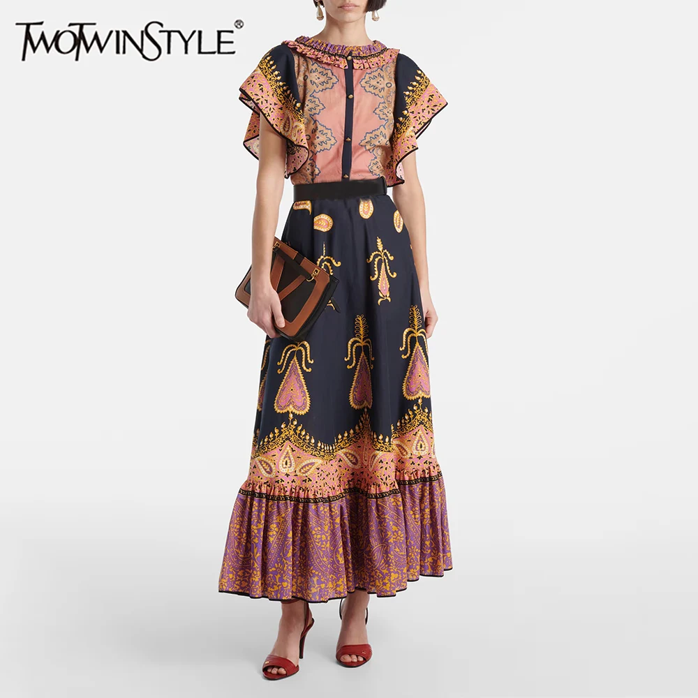 TWOTWINSTYLE Colorblock Loose Spliced Lace Up Fashion Dresses for Women Round Neck Sleeveless Patchwork Printing Dress Female