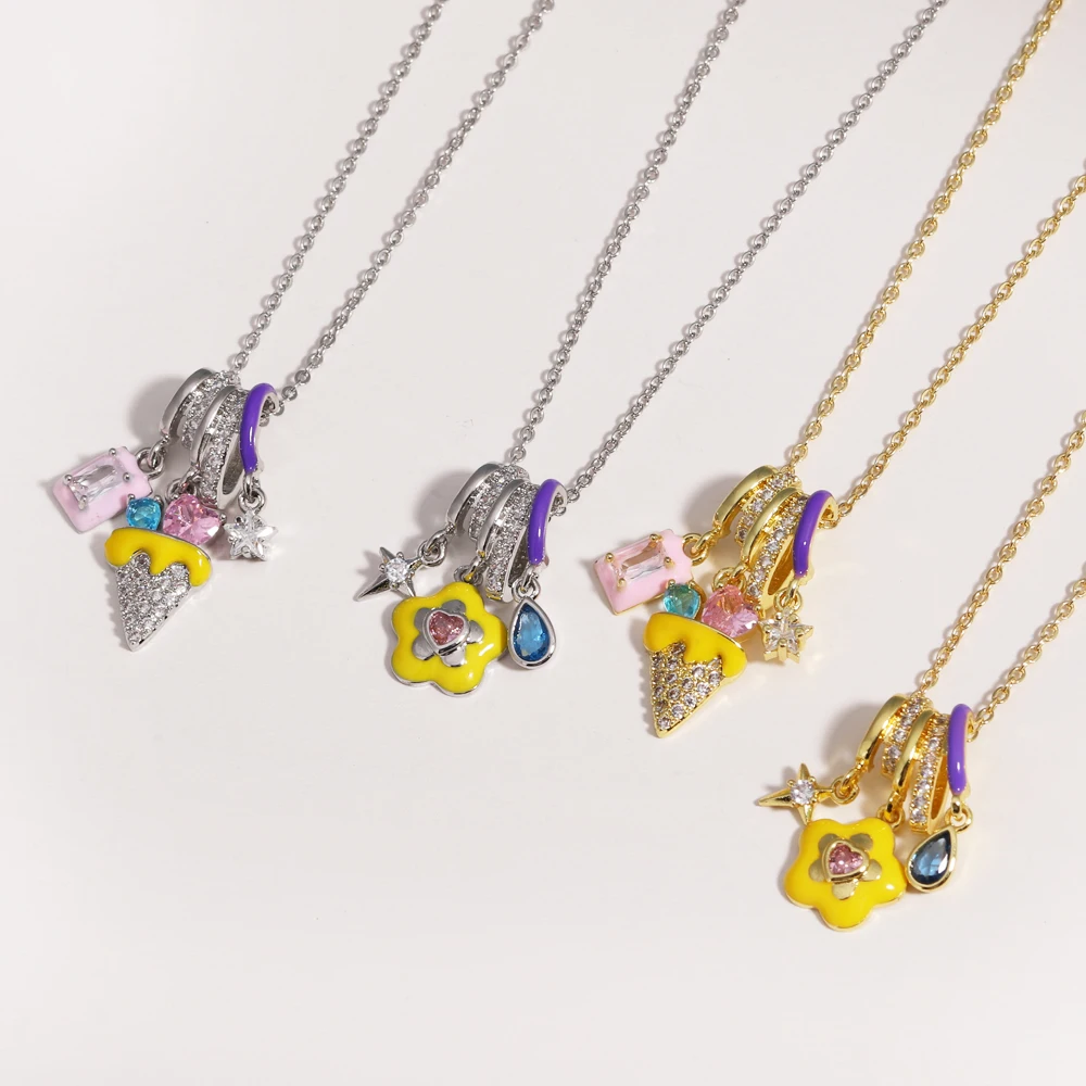 

Водонепроницаемая нержавеющая сталь красочный цветок циркон мороженое кулон ожерелье для женщин простые элегантные эмалированные ювелирные изделия оптом