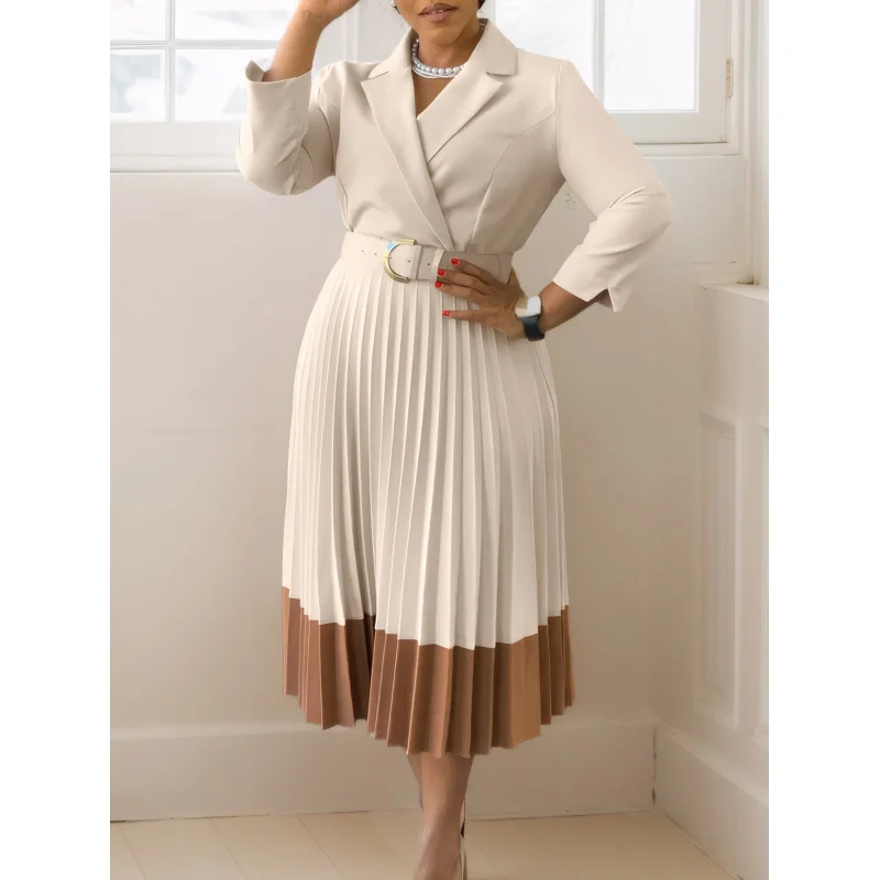 

2025 Fall-Winter Fashion Women's Blazer-Collared Elegant OL Pleated Dress - Chic and Sophisticated Office Style WD1029