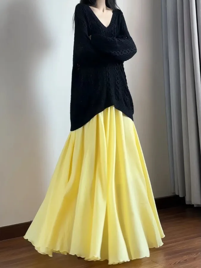Dopamine Boosting Elegant Midi Skirt Elastic Waist Goose Yellow Full Flounce Long Skirt Simple Artistic Korean Style Commute