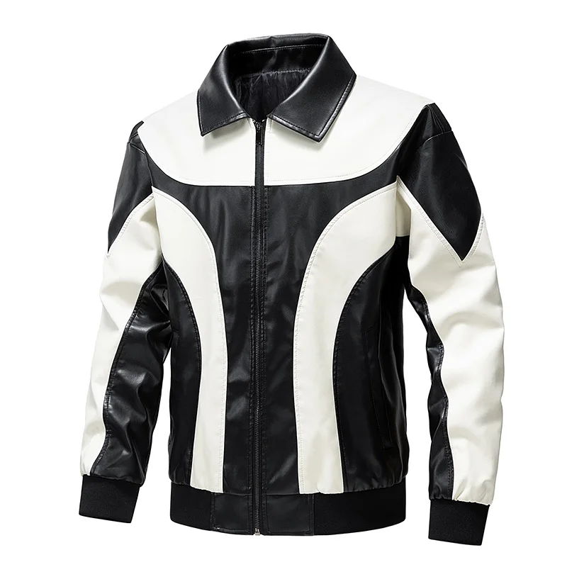 

2025 New Faion Men's PU Leather Jaet Motorcycle Sle Spliced Youthful Polyester Fiber Regular Length Coat