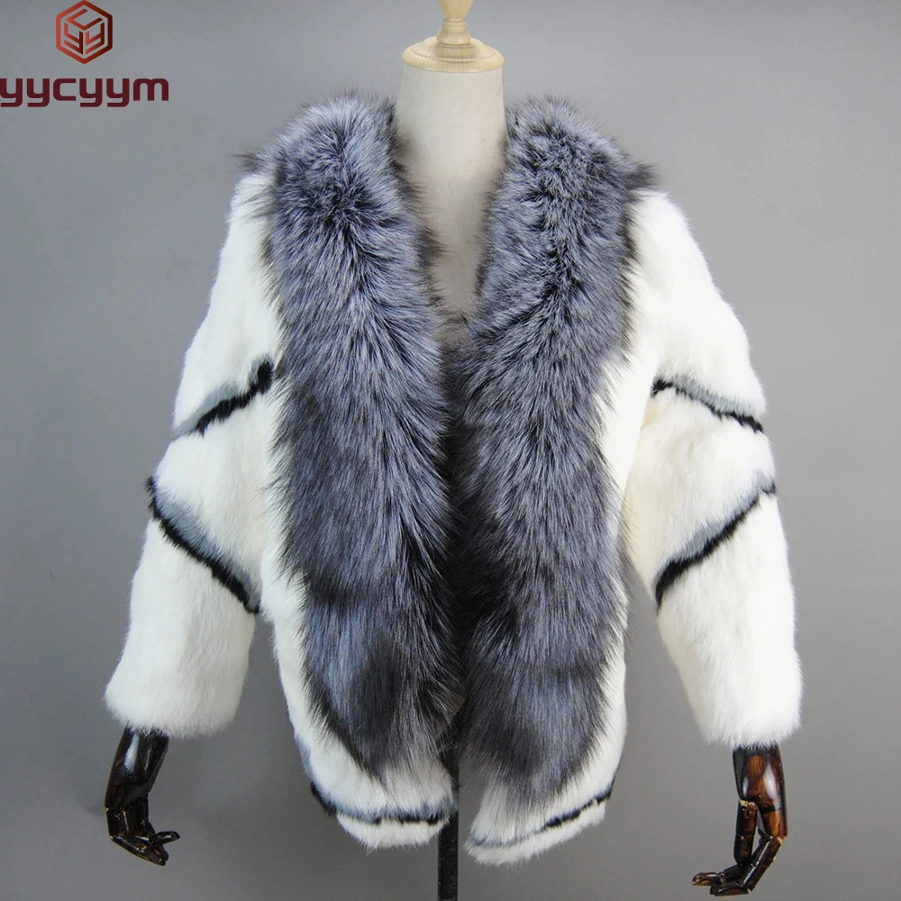 

2024 Hot Sale Winter Women's Real Genuine Natural Rabbit Fur Coat With Fox Fur Collar Girls Fashion Fur Jacket Outwear