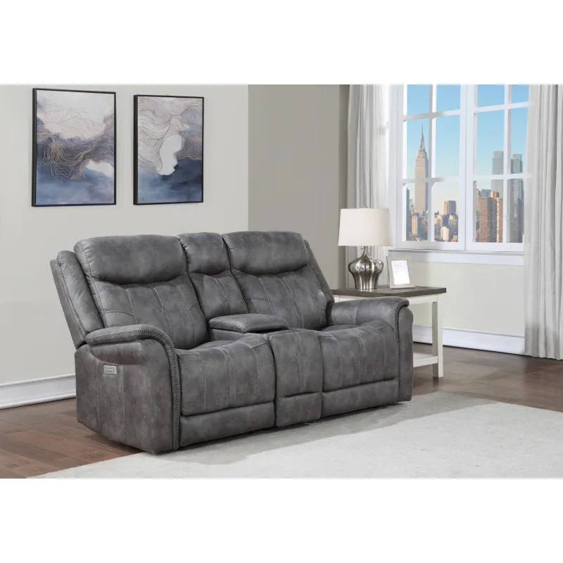 

Transitional Console Loveseat - Gray Faux-Suede, Power Footrest, Power Headrest - Concealed Cupholders, Built-In Console - Comfo