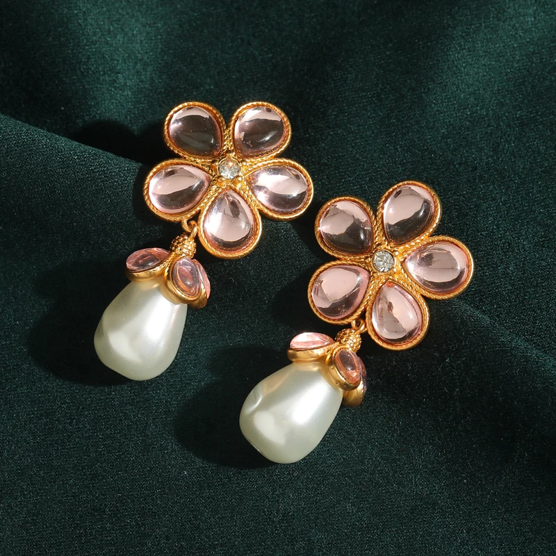 

Vintage Pink Flower Crystal Pearl Drop Earrings Woman Retro Fashion Elegant Luxury Quality Jewelry Wedding Valentine'S Gift New
