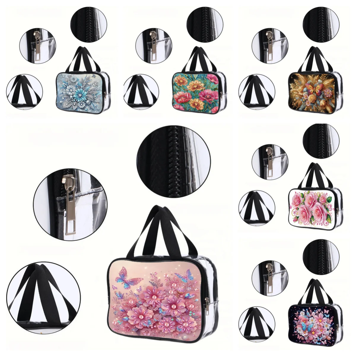 1 DIY Floral Style Diamond Painting Makeup Bag Set, PVC Transparent Toiletries Bag, Ladies' Daily Life Storage Makeup Bag view 5