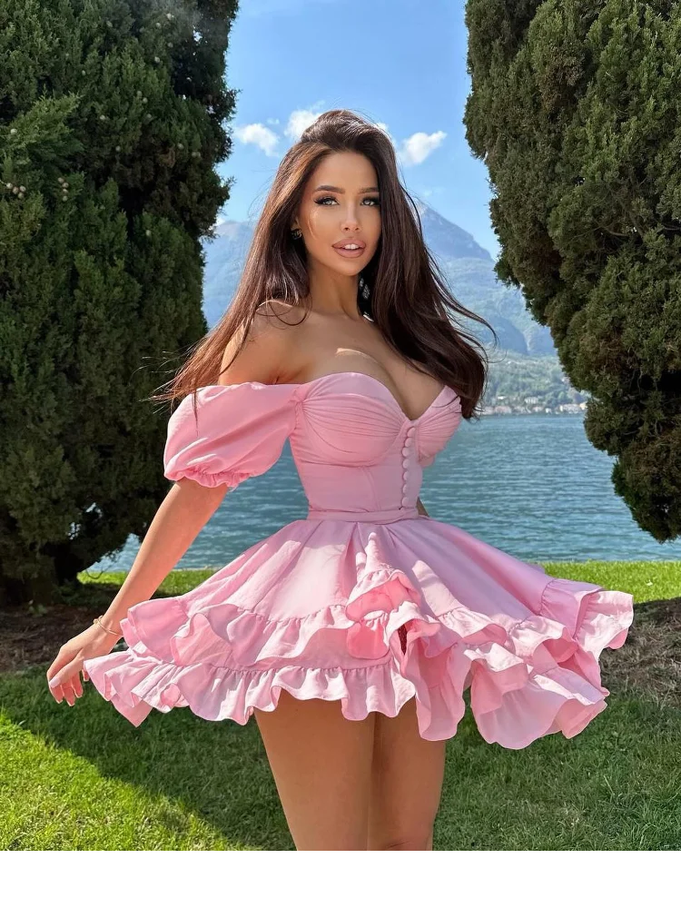 

Summer New Stacked Ruffle Strapless V-line Wrap Chest Mini Dress Sexy Backless Puff Sleeves Dresses Women Sexy Party Dresses