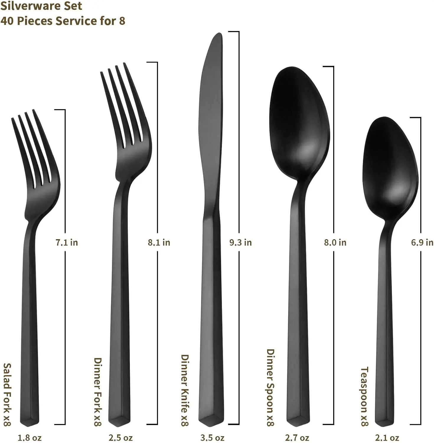Cube Matte Black 40-Piece Flatware Set, Forged Cutlery Set, Service for 8, Stainless Steel Tableware with Square Handle for Home view 2