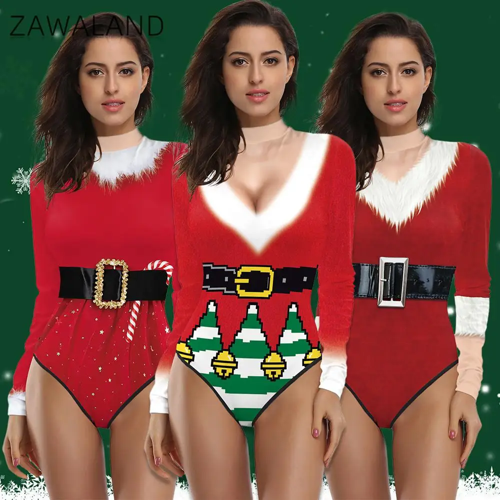 Zawaland Cosplay Santa Claus Costume Zentai Bodysuit Fancy Long Sleeve Catsuit Jumpsuits Women Christmas Party Swimsuit