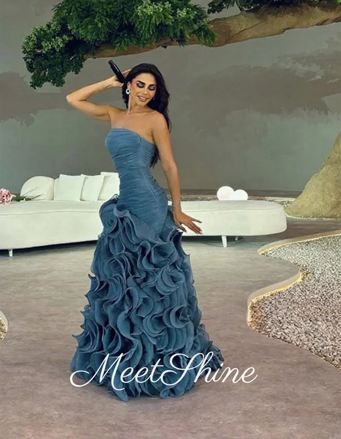 فستان سهرة أنيق بدون حمالات مكشكش بطيات مثير من التل على شكل حرف a بدون أكمام سويب تراين فساتين رسمية لحضور الحفلات الموسيقية حسب الطلب