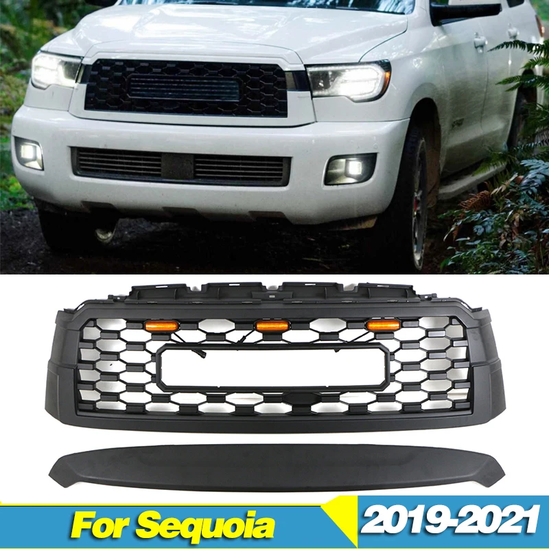 

Matte Black Front Grille With Light Fits For Toyota Sequoia 2019-2021 Racing Grill