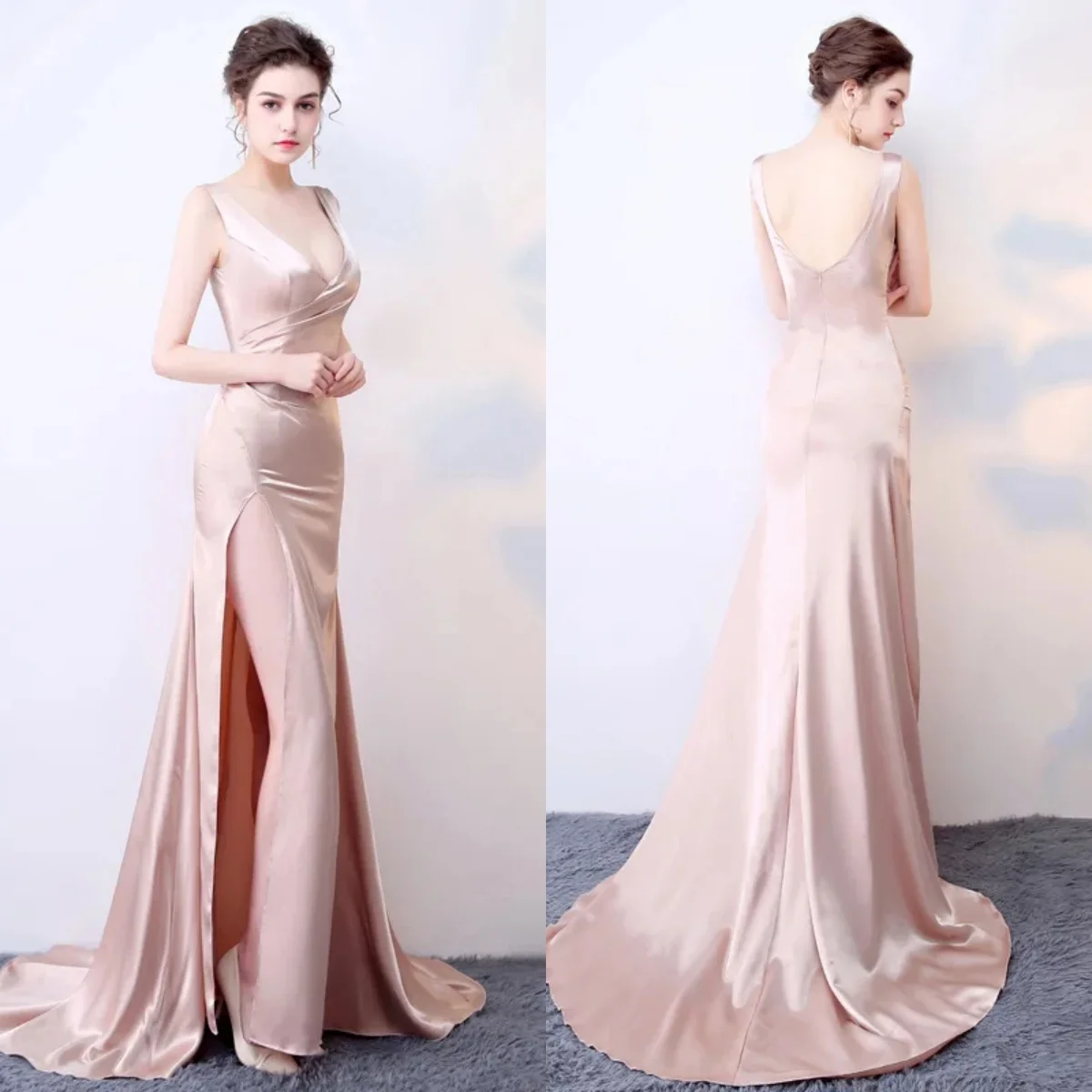 

Evening Dress Champagne Satin Sleeveless V-Neck Sexy Mermaid Trailing Floor Length Trumpet Plus size Women Party Formal Gown