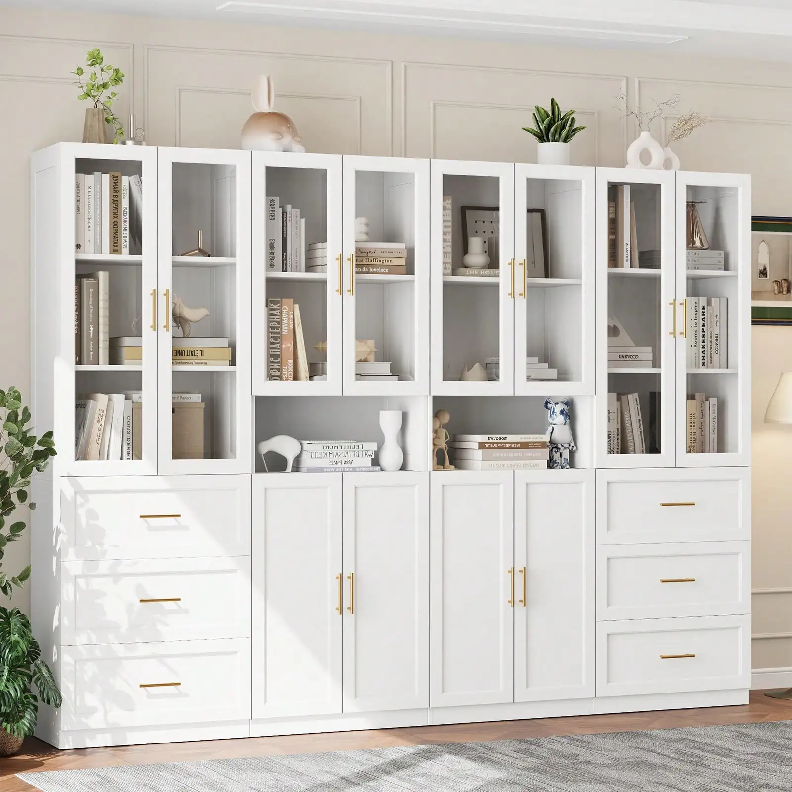 VOWNER Modular Bookshelf Display Cabinet Set, 5 Styles Bookcase With Glass Doors & Drawers, Customizable Display Case For Home Office, Living Room, Storage & Display