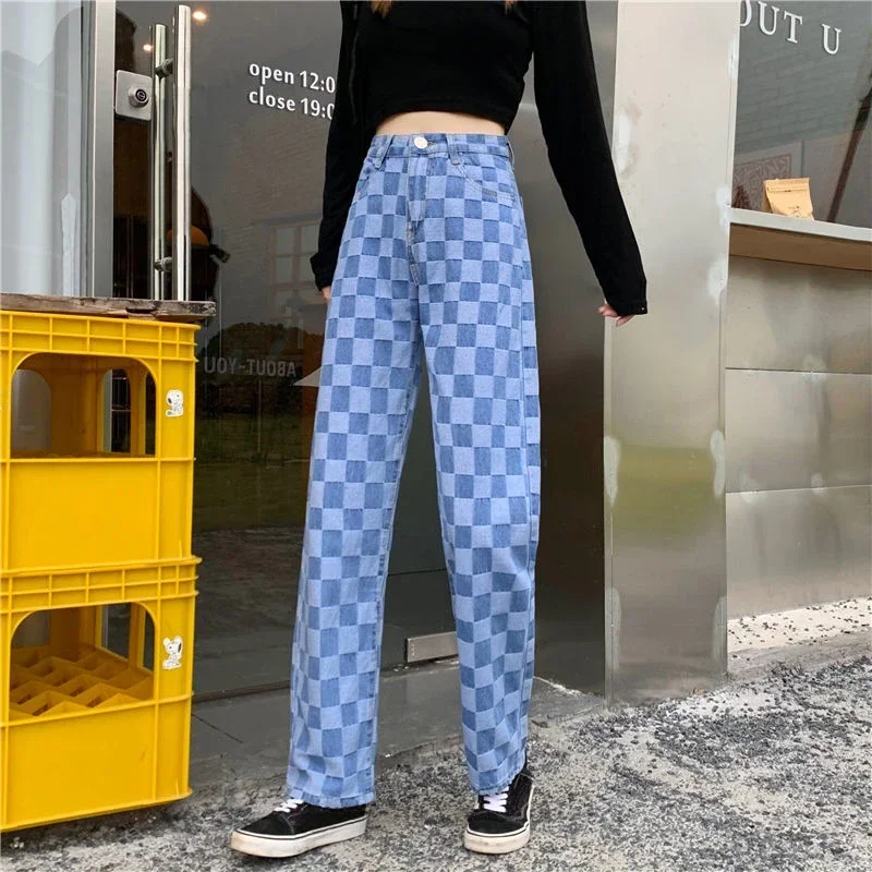 

Plaid High Waist Shot Pants for Woman Blue Women's Jeans Straight Leg Fitted R 2024 Fashion Stretch Clothes Teenagers A Trousers