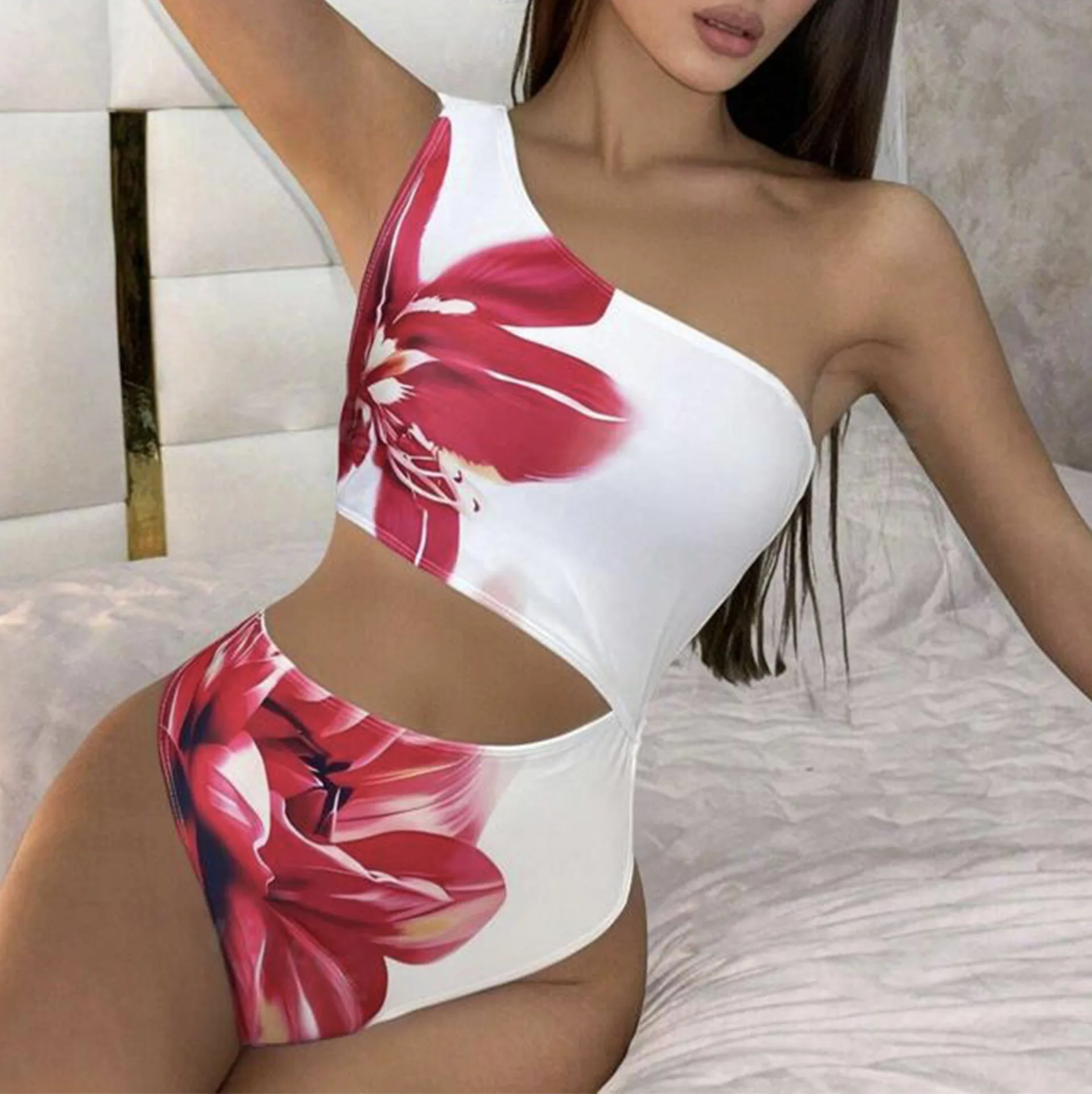 2025 Sexy One-Shoulder Monokini Women’s Floral Cutout One-Piece Swimsuit High Leg Design & Adjustable Ties Trendy Beach Holiday