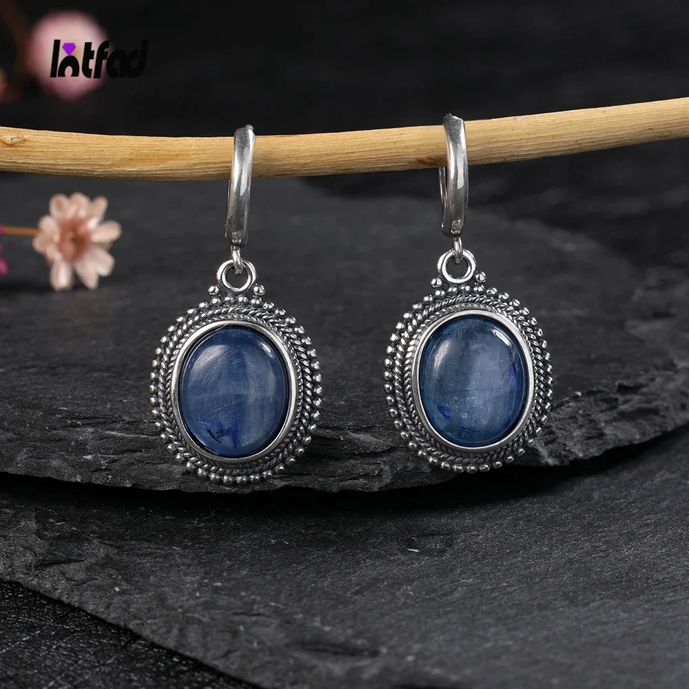 Exquisite Elegant Oval Natural Kyanite 925 Sterling Silver Earring for Women Gems Jewelry Party Engagement Gift Hoop Earrings