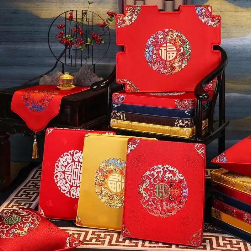 New Chinese Style Satin Print Mahogany Chair Cushion Non-slip Dining Chair Pad Soft Tea Chair Mat for Living Room Home Decor