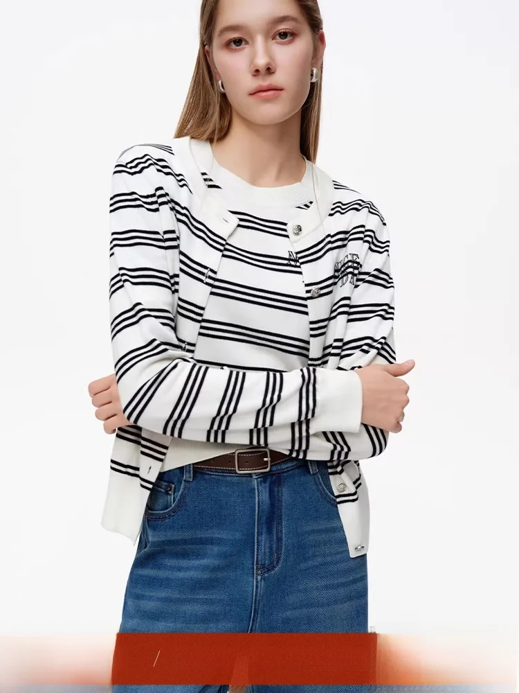 

Женский вязаный комплект: укороченный кардиган в полоску с круглым вырезом и длинными рукавами, свободный крой, из полиэстера, весенняя мода