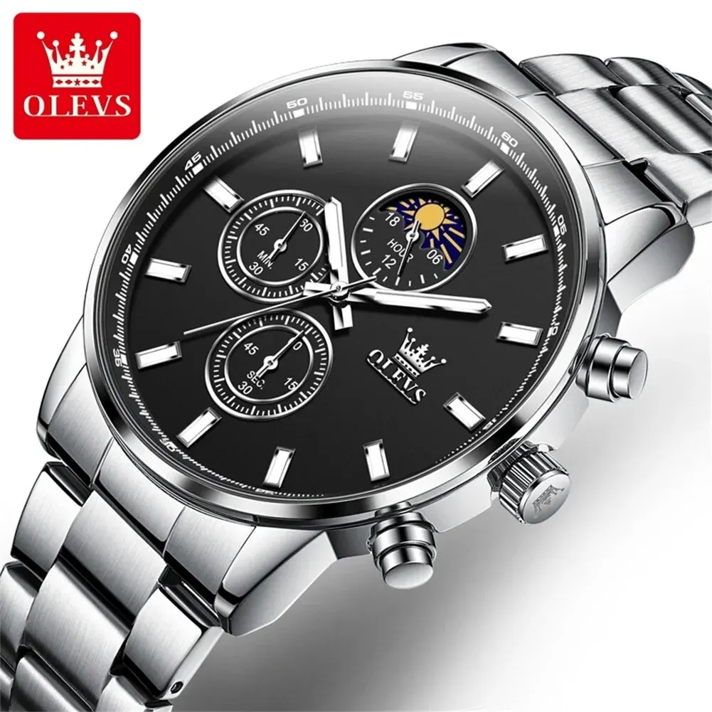 OLEVS 2902 Stainless Steel Men\'s Watches Simplicity Luxury Top Original Chronograph Waterproof Moon Phase Quartz Watch for Men