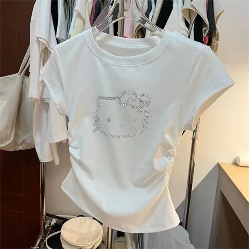 Sanrio Kawaii Hello Kitty Jacket Anime Creative Cute Cartoon Pure Desire Style Pleated Short Sleeved T-Shirt Women Girl Toys