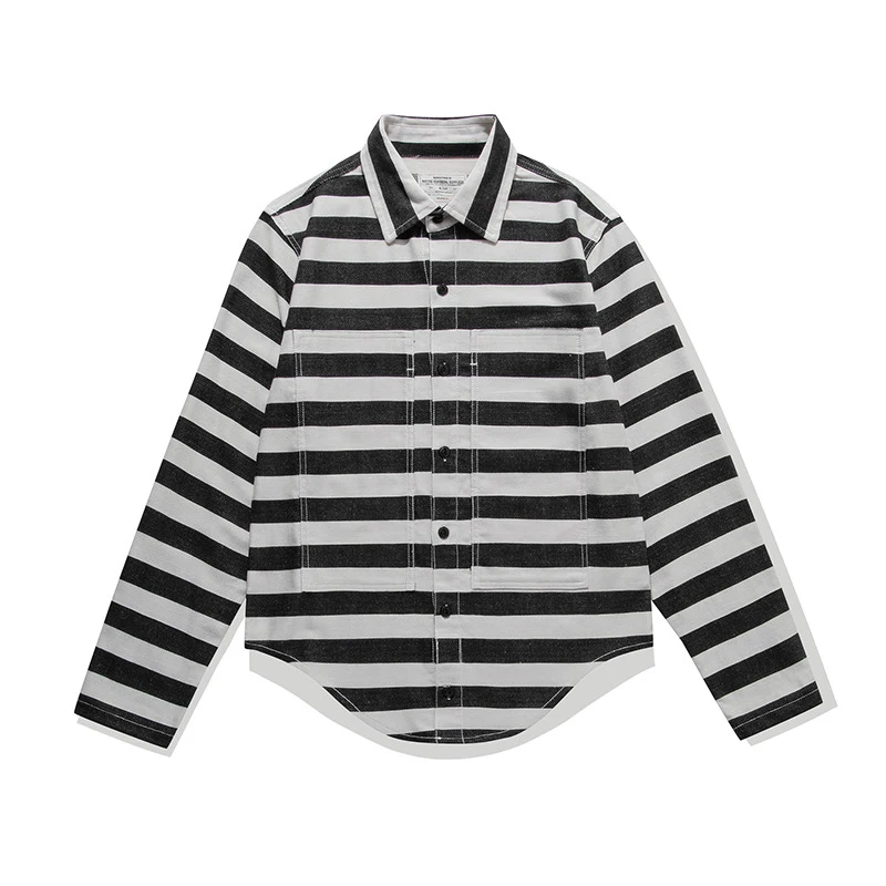 Amekaji Vintage Shirt Men Spring Autumn New Lapel Large Pocket Striped Long Sleeve Shirt Retro Casual Motorcycle Cardigan Tops