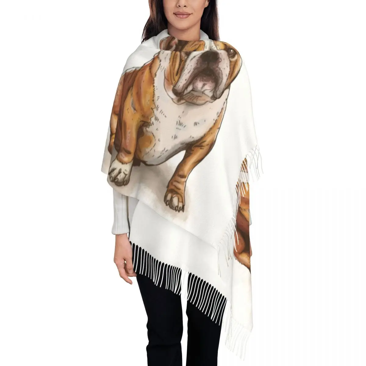 

Funny English Bulldog Illustration Scarf Wrap for Women Long Winter Warm Tassel Shawl Unisex Puppy Pets Dog Scarves