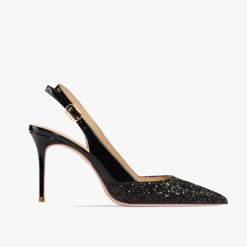 

Новинка весны 2024, модные черные остроконечные босоножки на высоком каблуке с блестящими хлопьями, лаковые кожаные сандалии на голову для женщин, тонкий каблук