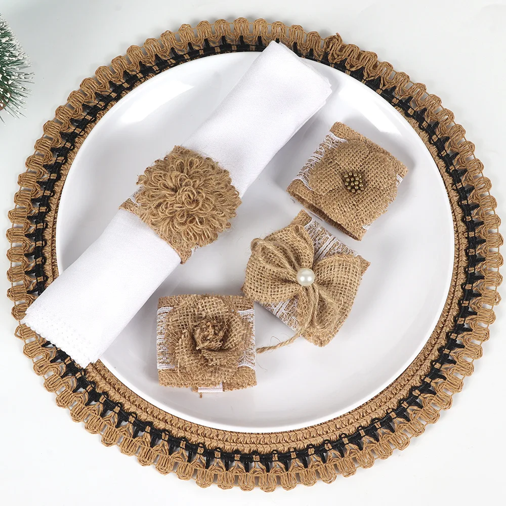 4PCS DIY Jute Napkin Ring Creative Flower Bow Napkin Buckle Hotel Wedding Supplies Handmade Napkin Christmas Decoration Table