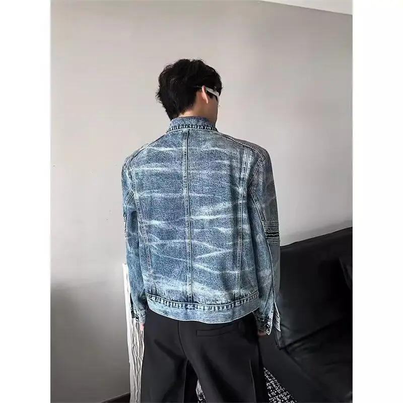 Men's Motorcycle Style Retro Blue Denim Jacket Y2k Autumn Cool Boys Street Cardigan Male 90s Zipper Long Sleeved Coat