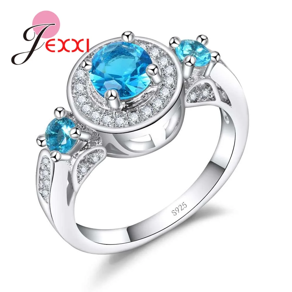 European Style 925 Sterling Silver Round Shape Blue Crystal Clear CZ Finger Rings For Women Ring Jewelry Size 6/7/8/9/10