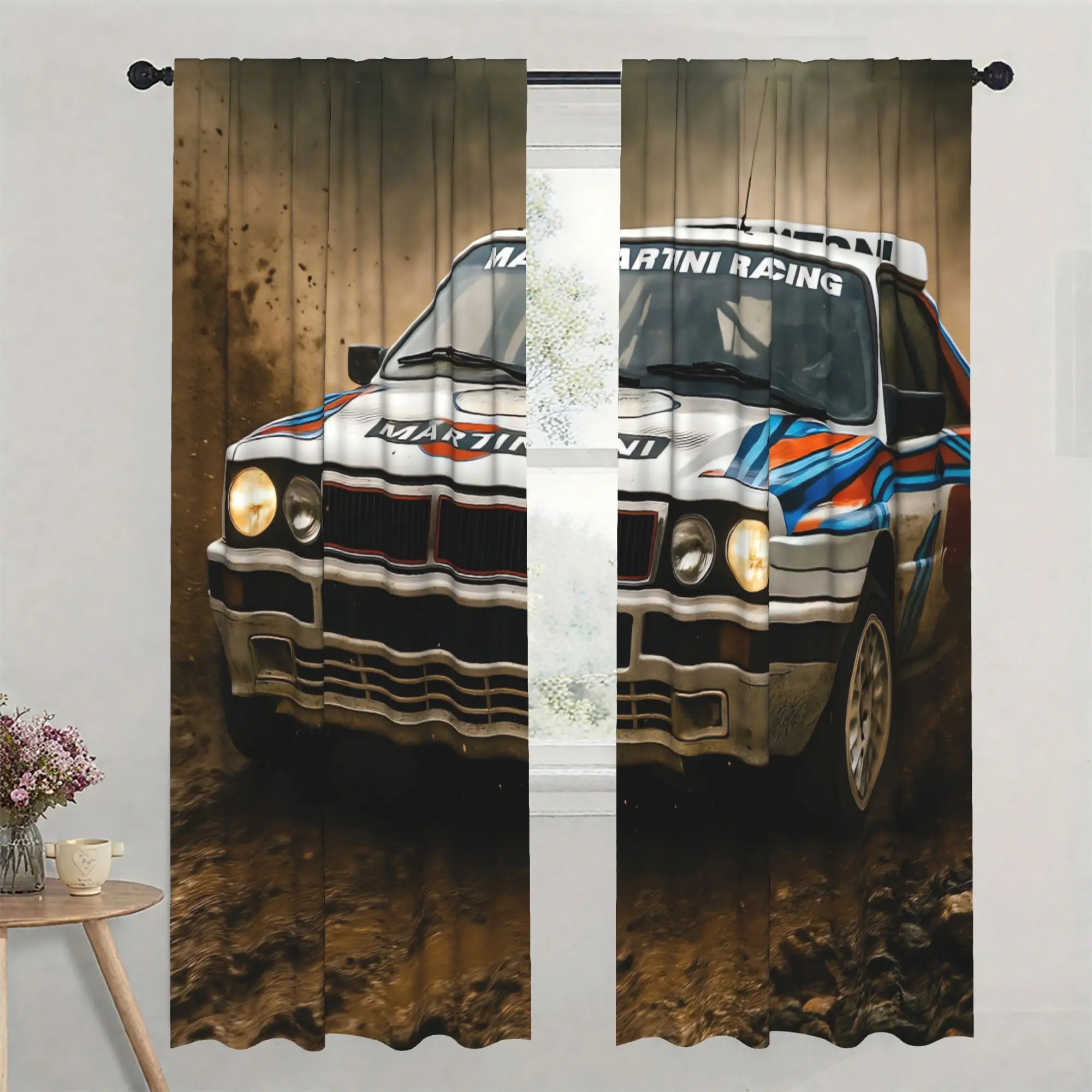 Vintage Martini Racing Car Curtains 2pcs Automotive Sport Window Pair Auto Race Decor Home Curtain Filter
