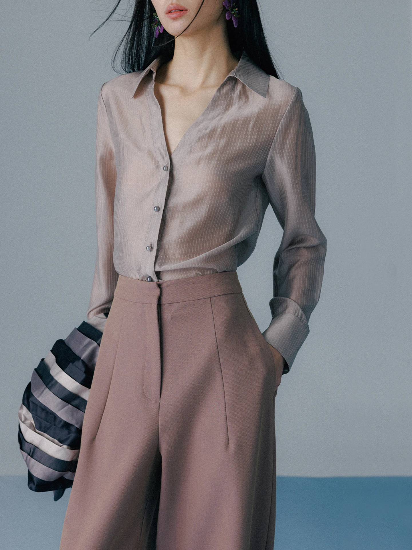 

Fashionable Commute Series Cool Feeling Lyocell Retro Stripes Long Sleeve Shirt Women's Business Casual Classic Style Button up