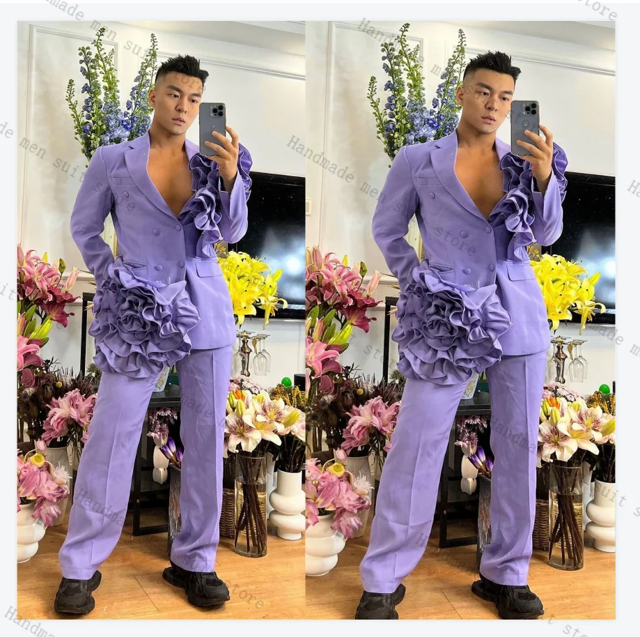 

Purple Men Suits 2 Piece Blazer+Cotton Pants 3D Flower Luxury Wedding Tuxedo Coat Customized Formal Office Jacket Trousers