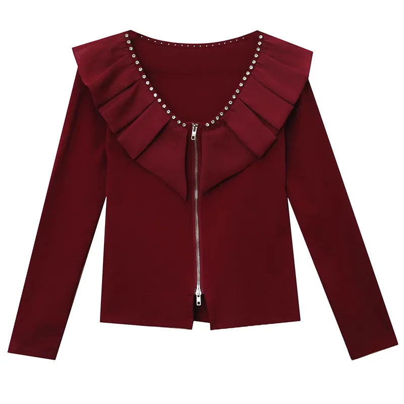 

2025 Новая сексуальная шикарная блестящая футболка с v-образным вырезом и бриллиантами, женские топы с длинными рукавами и молнией, повседневные тонкие хлопковые женские футболки