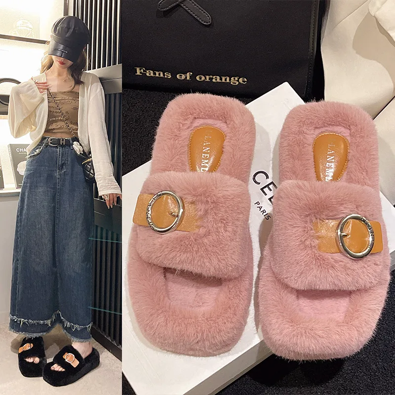 

Summer Fluffy Raccoon Women Fur Slippers Square Head Thick Heel Flip Flop Flat Furry Fur Slides Sandals Amazing Girl Shoes