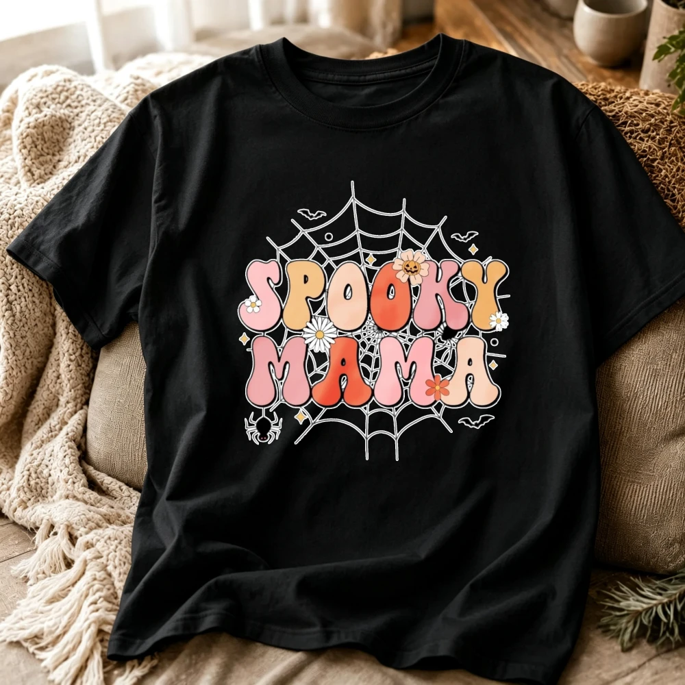 Funny Cute Spooky Mama Halloween Shirt Women Pink Orange Bubble Font Spiderweb Bat Daisy Graphic Tee Short Sleeve Autumn Top