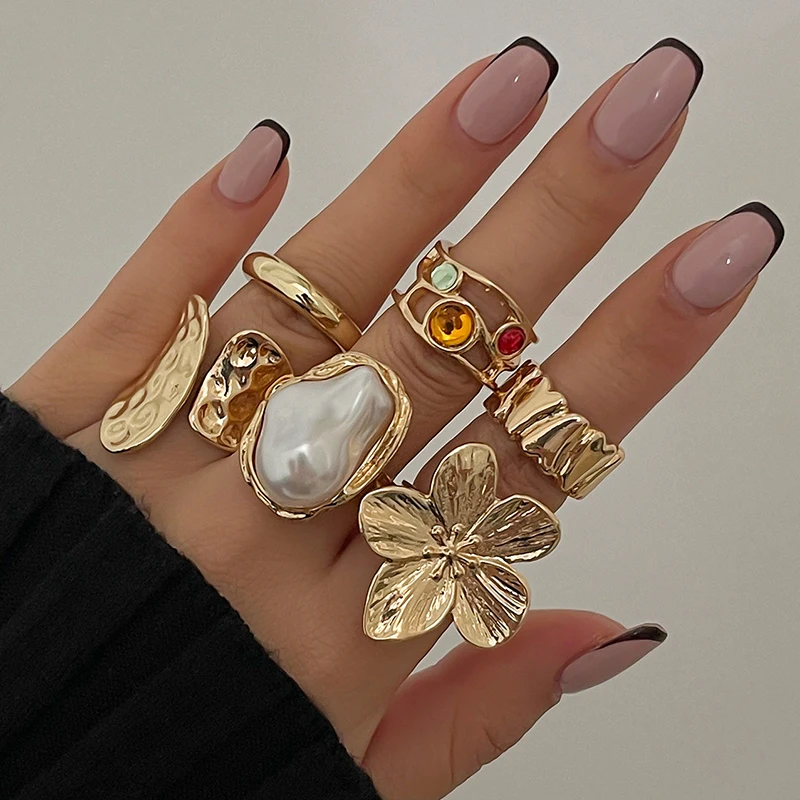 Conjunto de anillos de dedo de Metal exagerados Punk para hombre y mujer, 6 uds., Vintage, flor, perla, cristal, Europa América, anillos abiertos, joyería de lujo